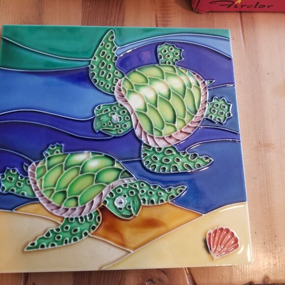 Firelor Glazed Hand Crafted Painted Turtles Ceramic Decor Tile - 7.75" x 7.75" - Picture 3 of 6